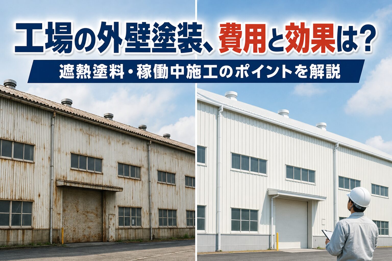 工場の外壁塗装、施工前と施工後の違いを示すイメージ画像
