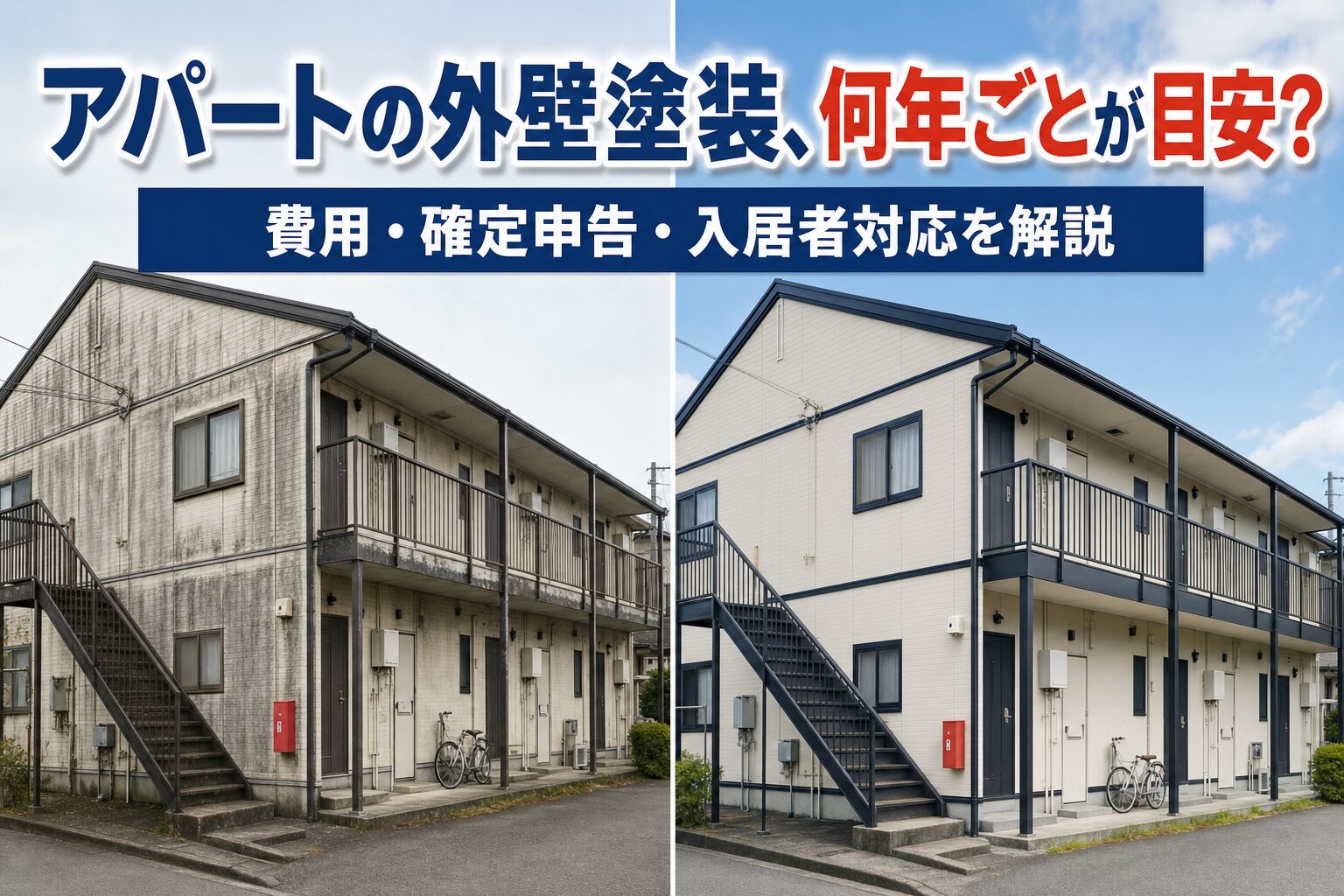 アパートの外壁塗装、施工前と施工後の違いを示すイメージ画像