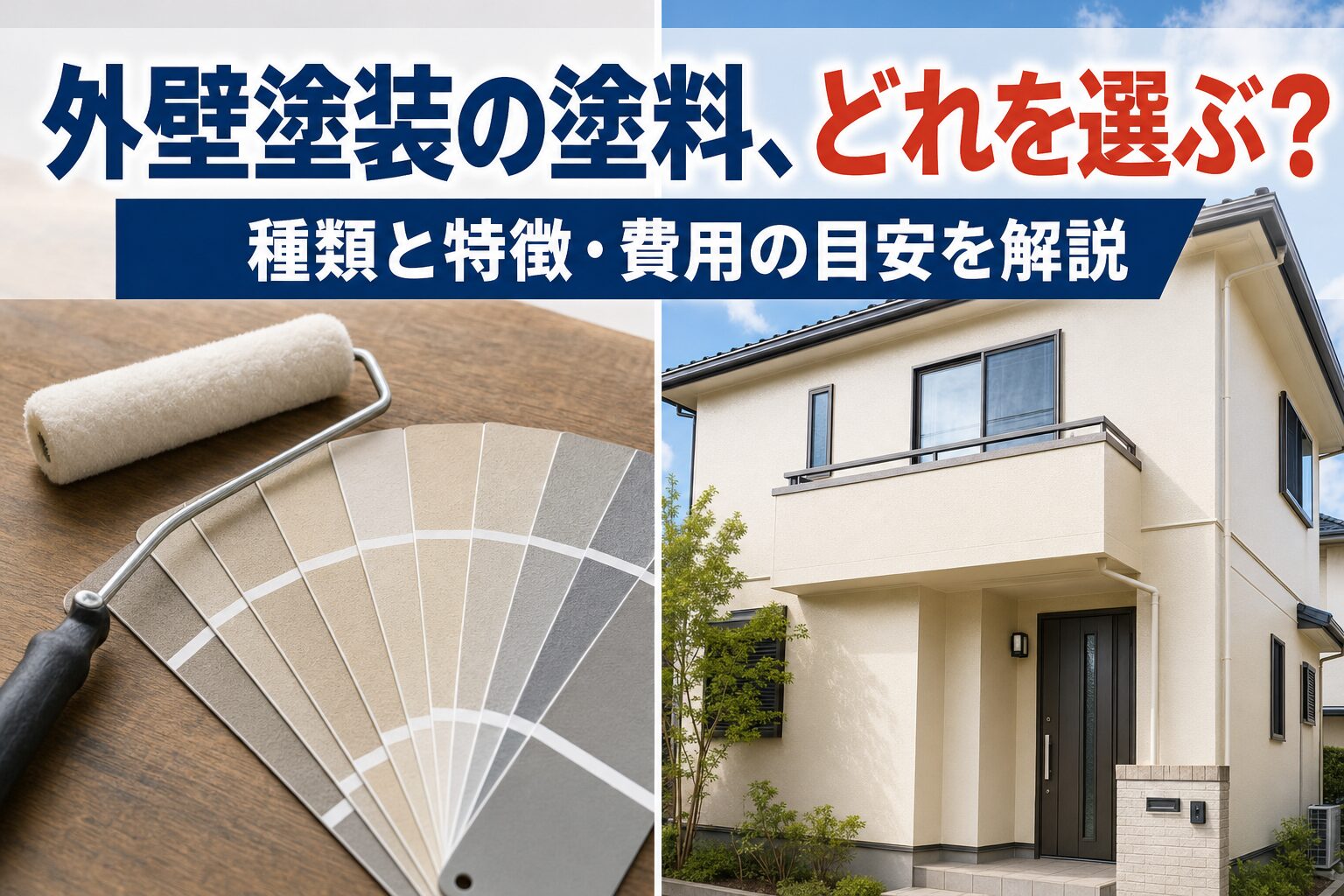 外壁塗装の塗料サンプルと、仕上がった外壁のイメージ画像