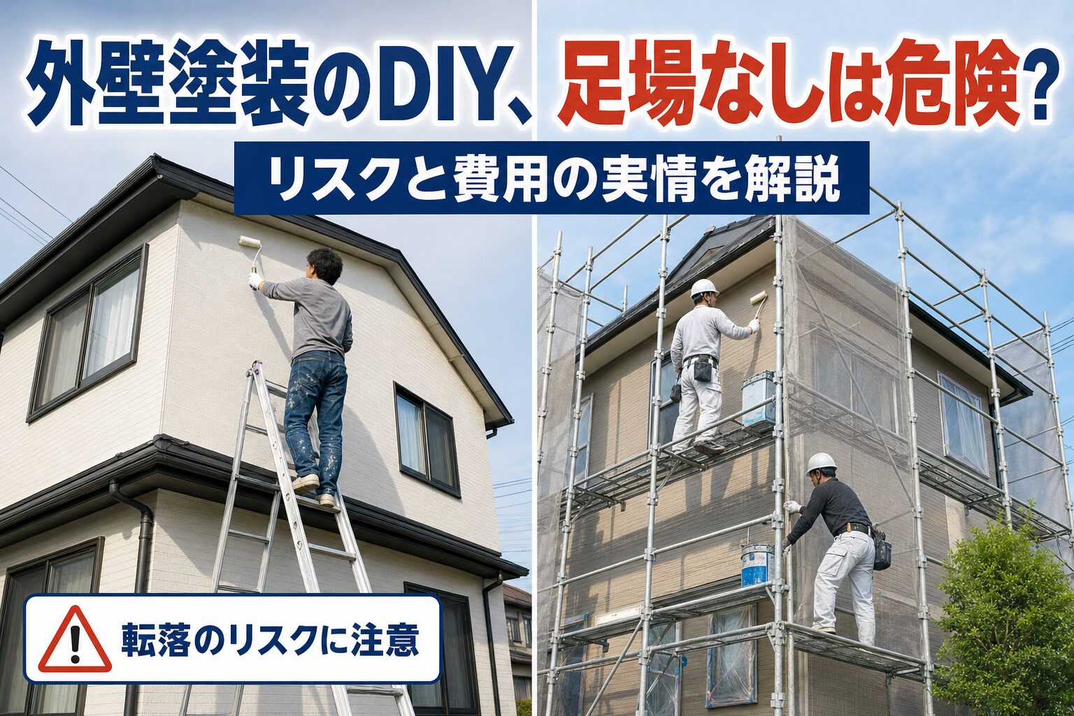 足場なしでの外壁塗装DIYと、足場を使った専門業者の施工の比較イメージ画像
