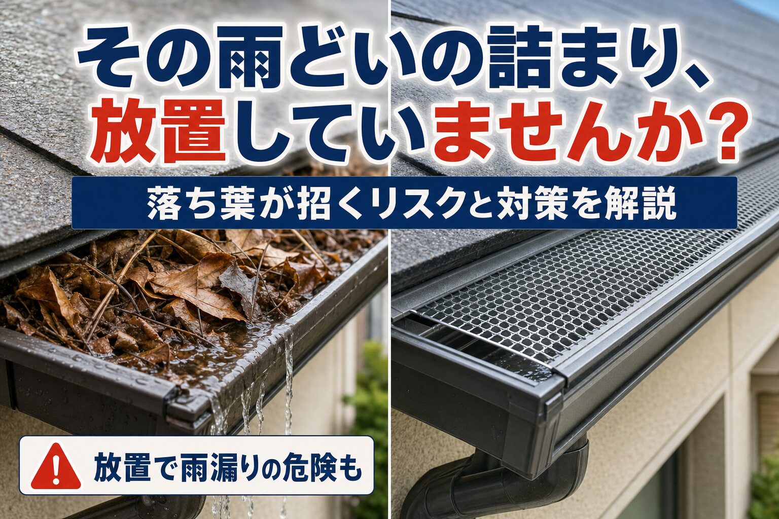 落ち葉で詰まった雨どいと、ネットで対策された雨どいの比較イメージ画像