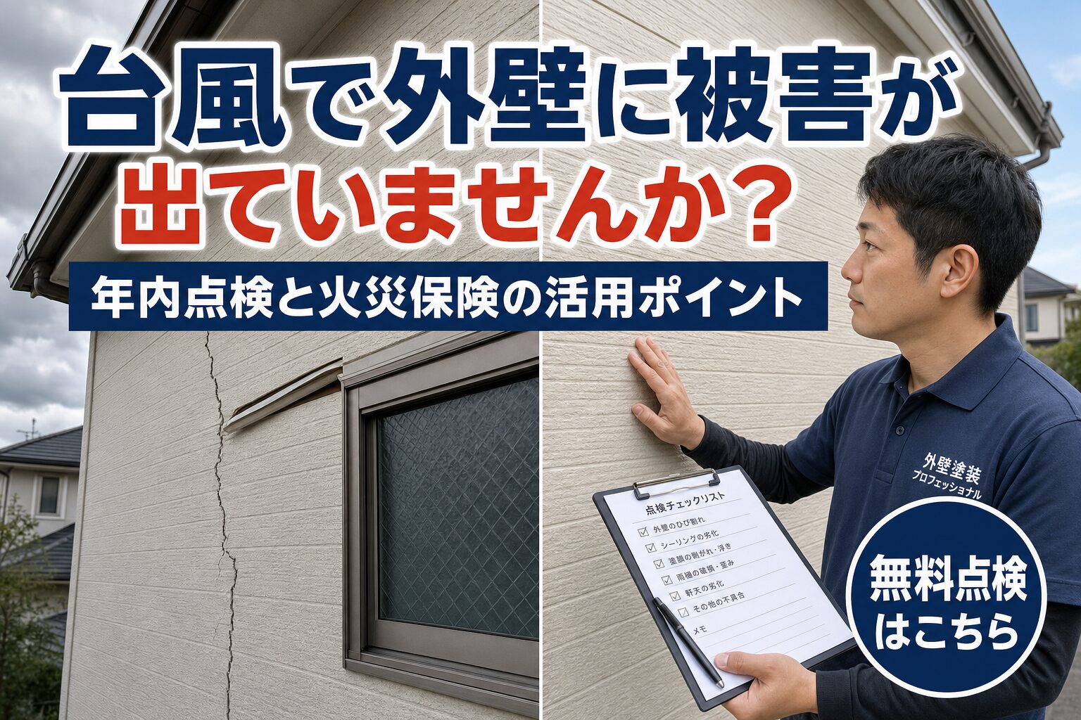 台風で外壁に被害が出ていないか点検するイメージ画像