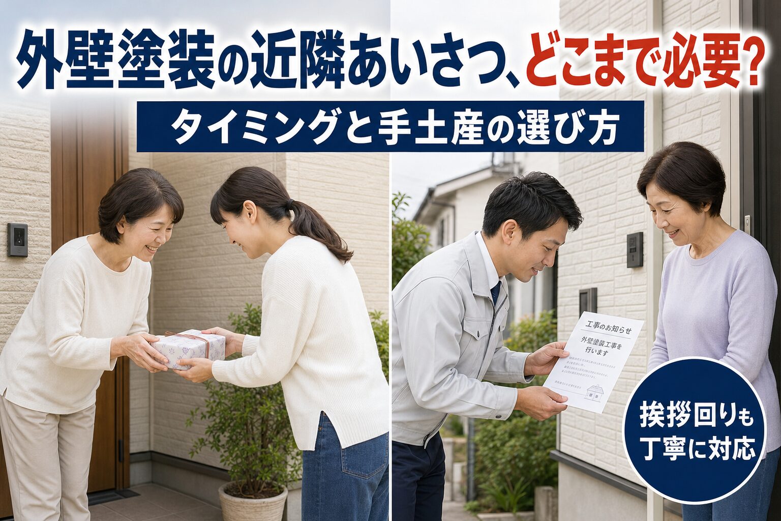 外壁塗装の近隣あいさつで手土産を渡す様子のイメージ画像